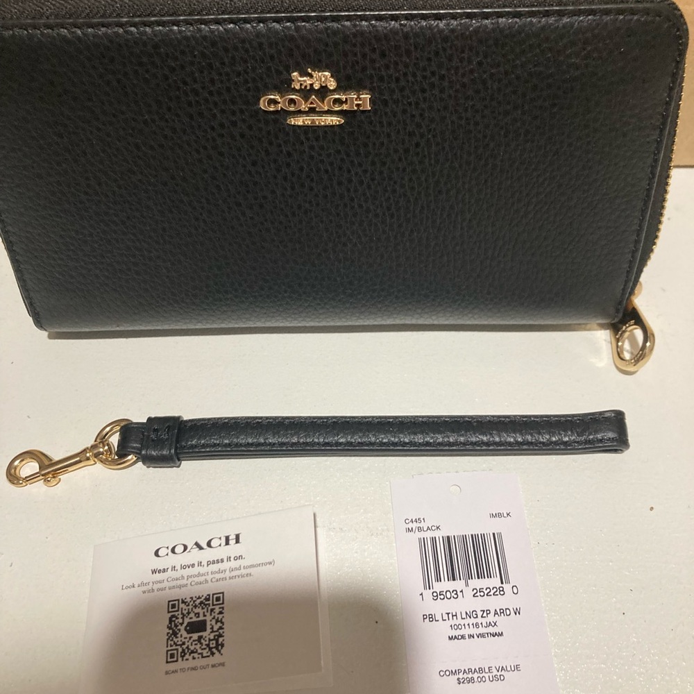 Coach Black Leather Wristlet with Gold Accents